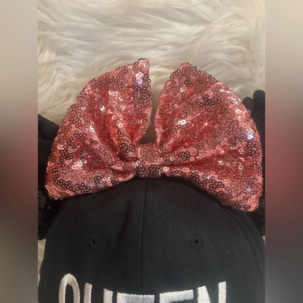 Handcrafted Minnie Baseball Cap with Sequin Minnie Ears and Pink Sequin Bow